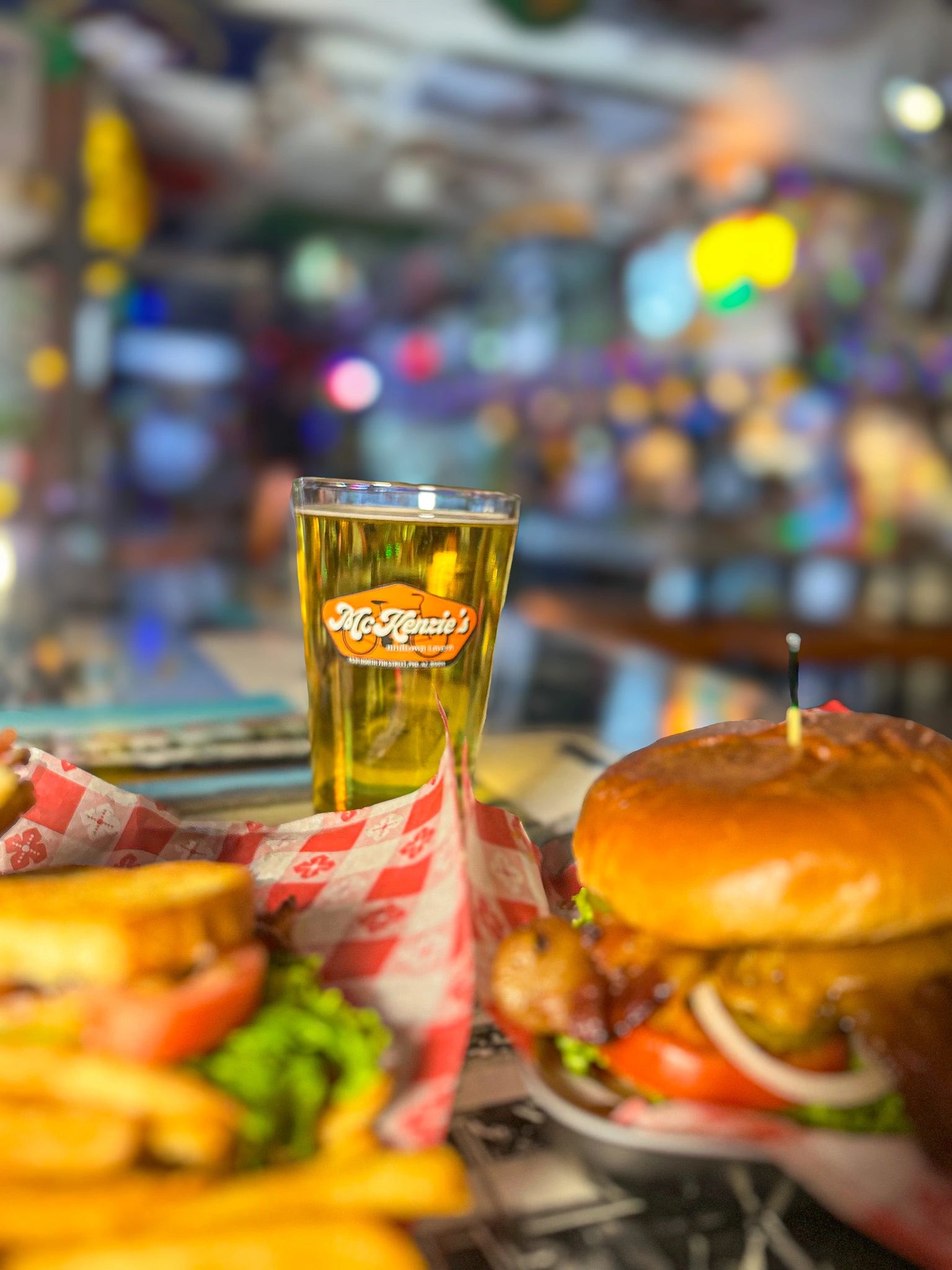 Burger and beer glass on a table