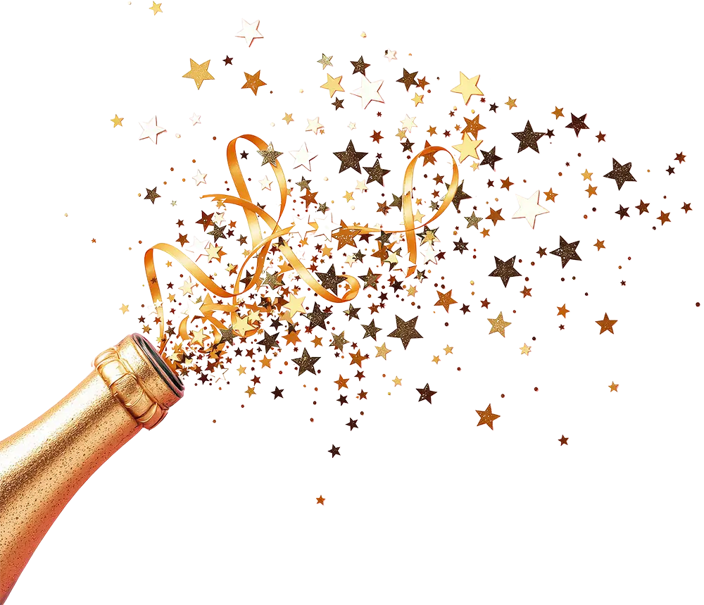 Champagne bottle with gold confetti and stars