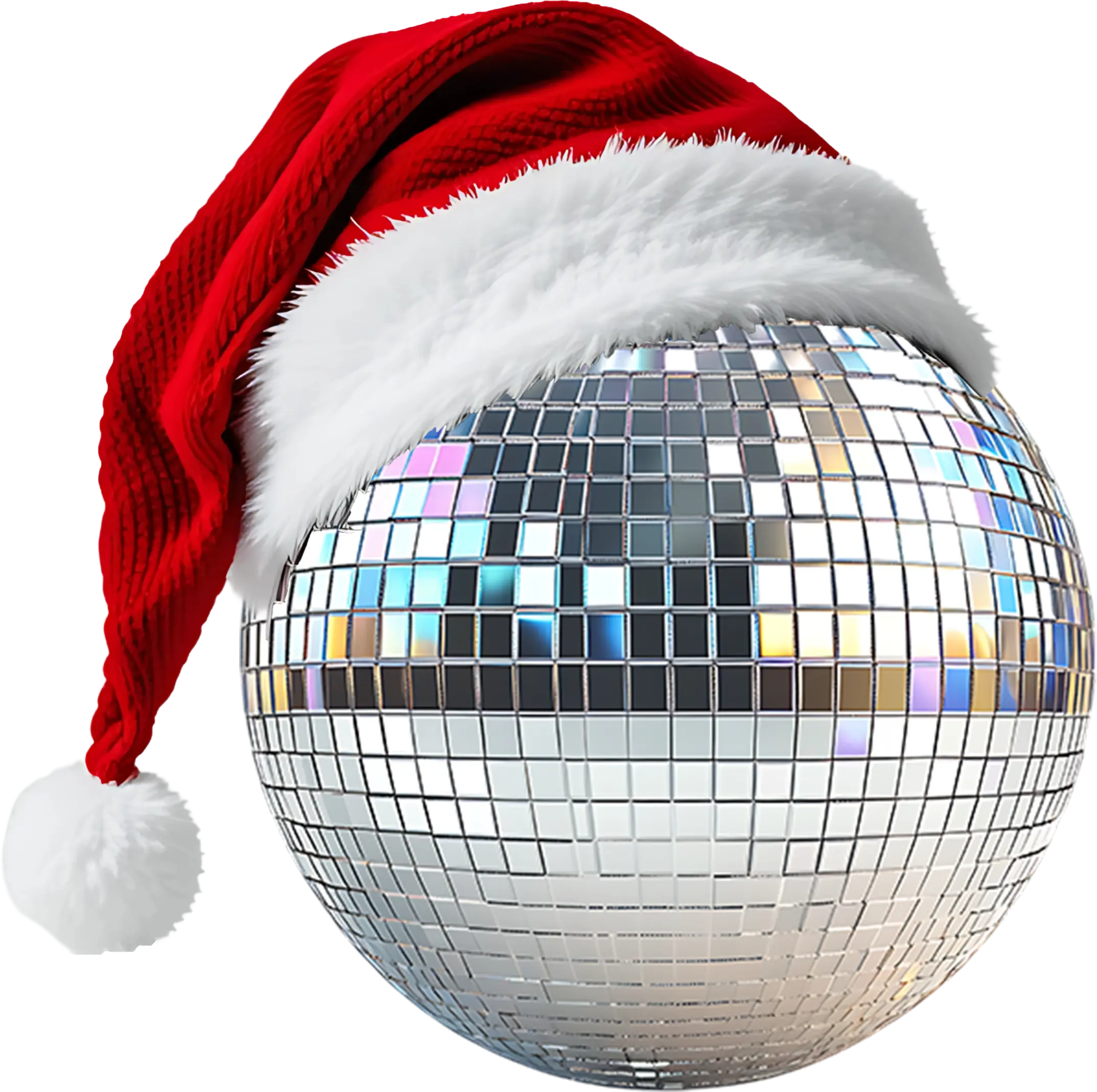 Disco ball wearing a Santa hat