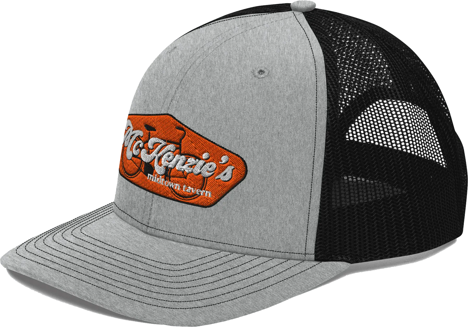 Gray and black trucker hat with McKenzie's logo