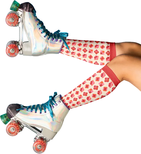 Iridescent roller skates with colorful wheels