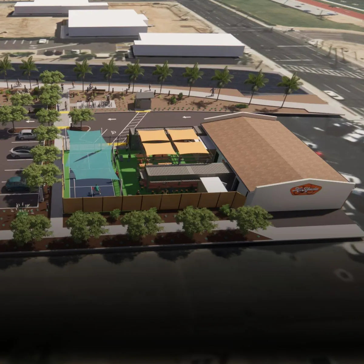Visual of a proposed McKenzie's building featuring a parking lot and palm trees